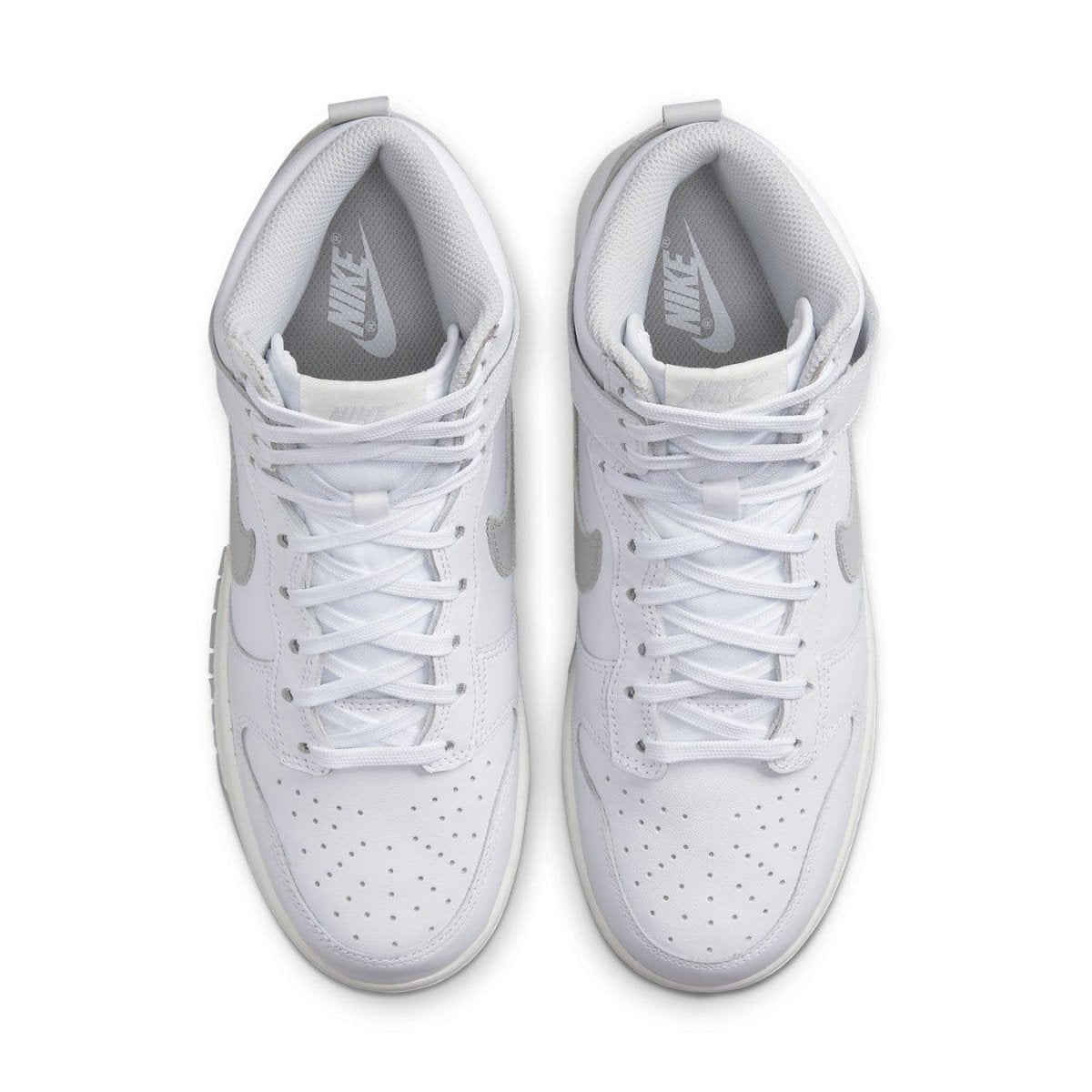 Nike Dunk High Neutral Grey Women's sneaker in smooth white leather with pastel grey Swoosh and matching sole.