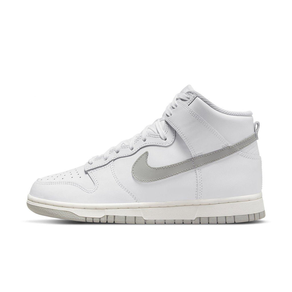 Nike Dunk High Neutral Grey Women's sneaker in white leather with pastel grey Swoosh and sole.