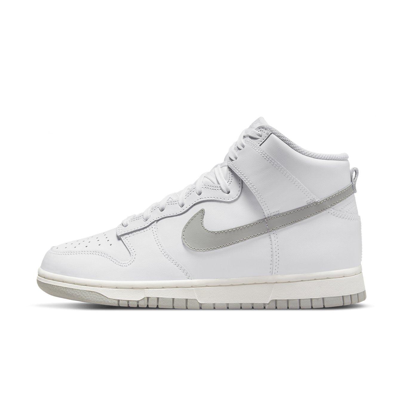 Nike Dunk High Neutral Grey Women's sneaker in white leather with pastel grey Swoosh and sole.