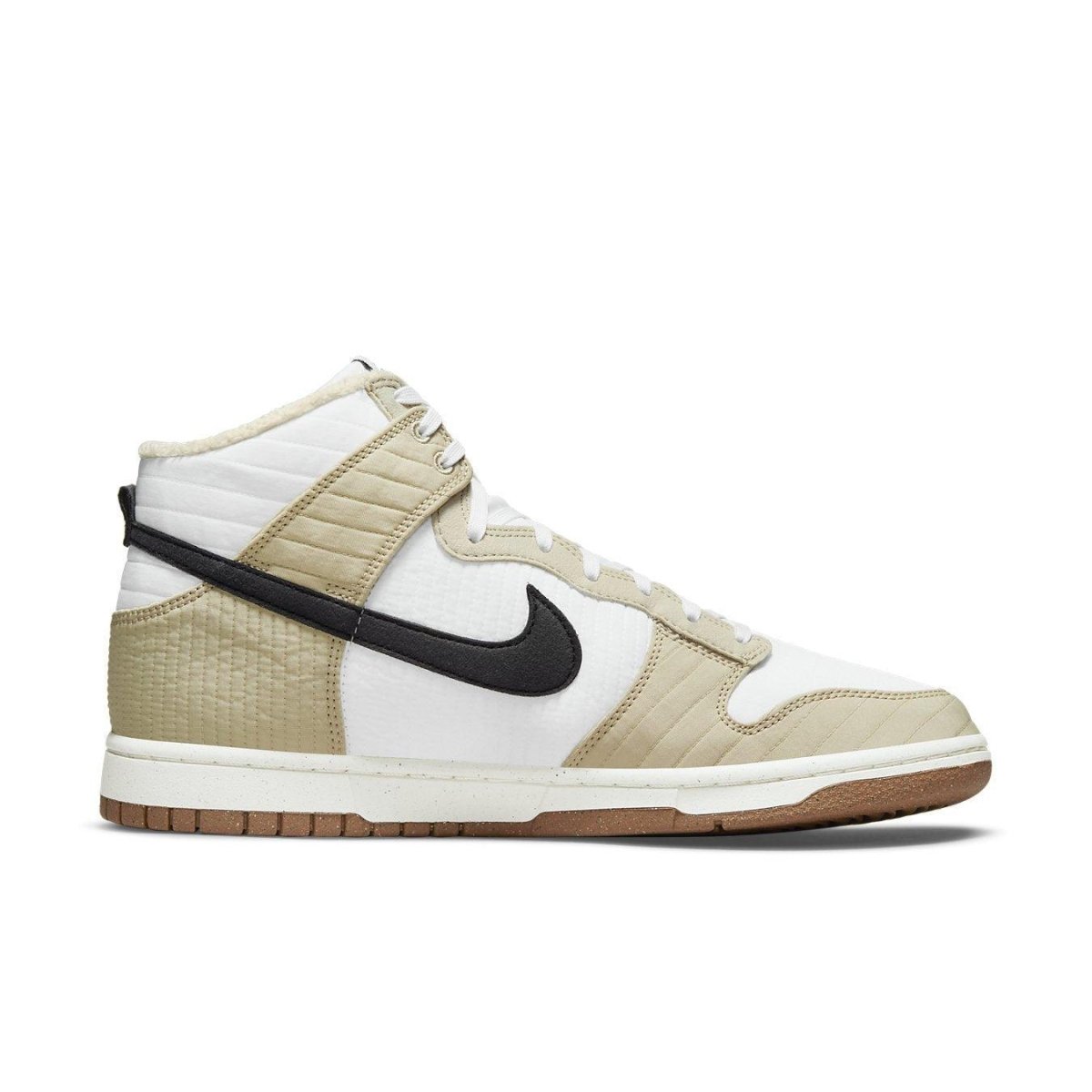 Nike Dunk High Next Nature Toasty Rattan sneaker featuring quilted upper and black swoosh, ideal for outdoor activities.