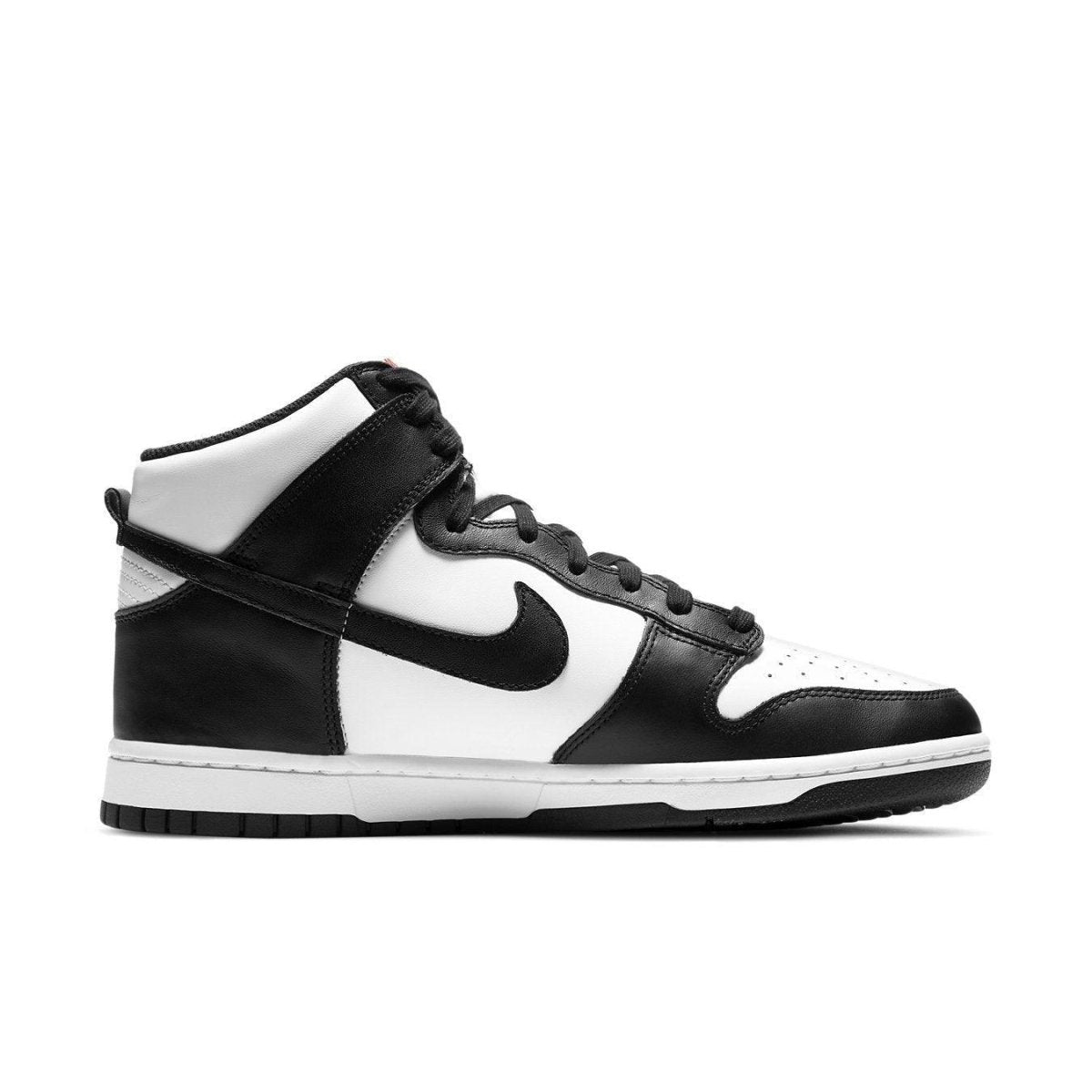 Nike Dunk High Panda sneaker in black and white leather with retro design and padded collar for comfort.