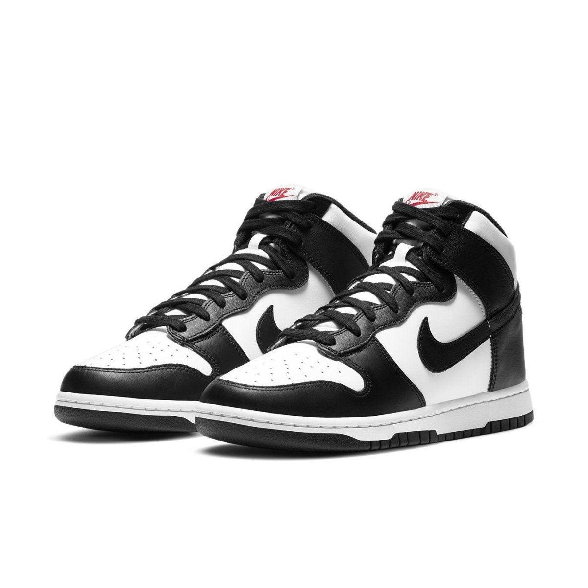 Nike Dunk High Panda (2021) in black and white, featuring classic 80s design and high-cut silhouette.