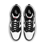 Nike Dunk High Panda 2021 shoes in black and white, featuring iconic design and retro style.