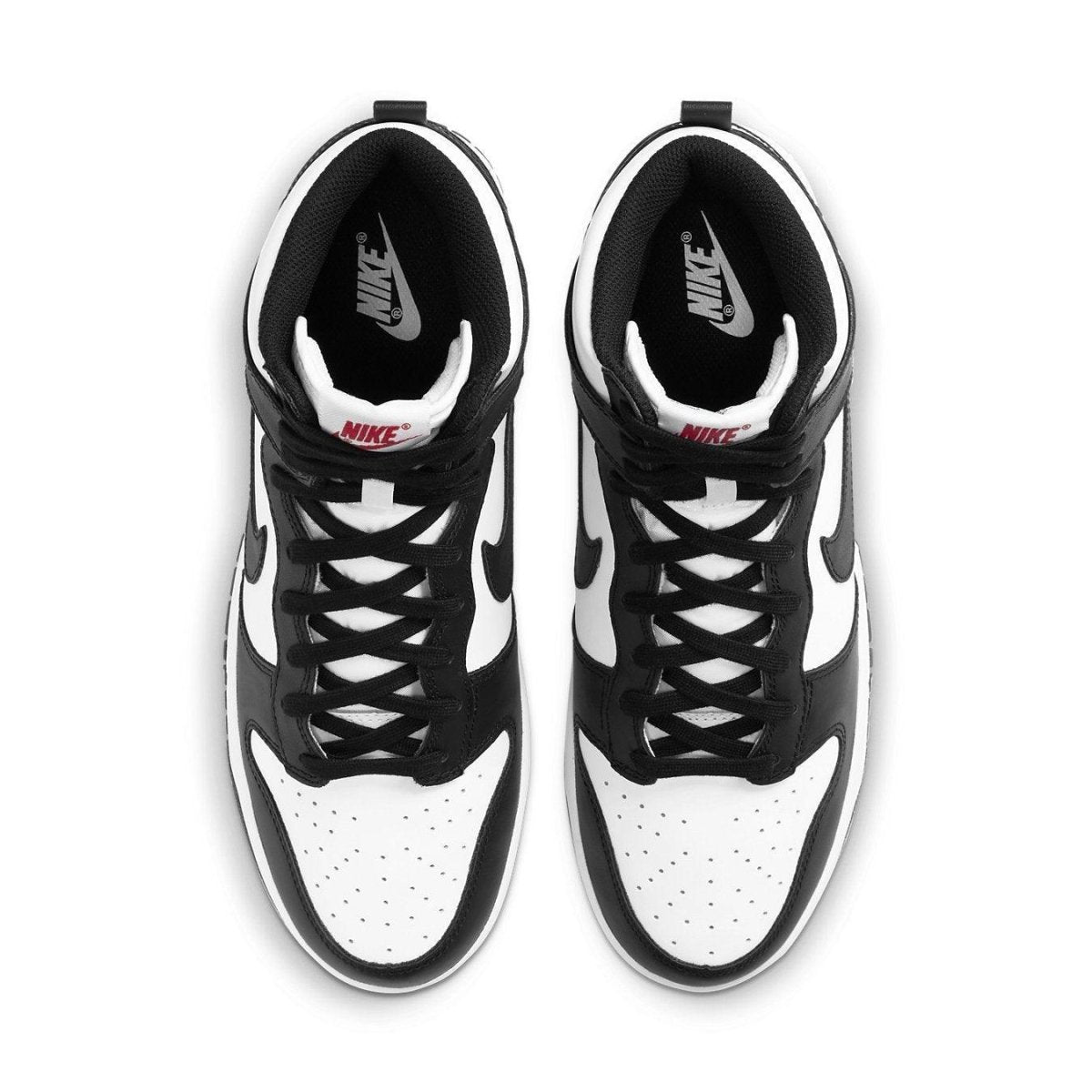 Nike Dunk High Panda 2021 shoes in black and white, featuring iconic design and retro style.