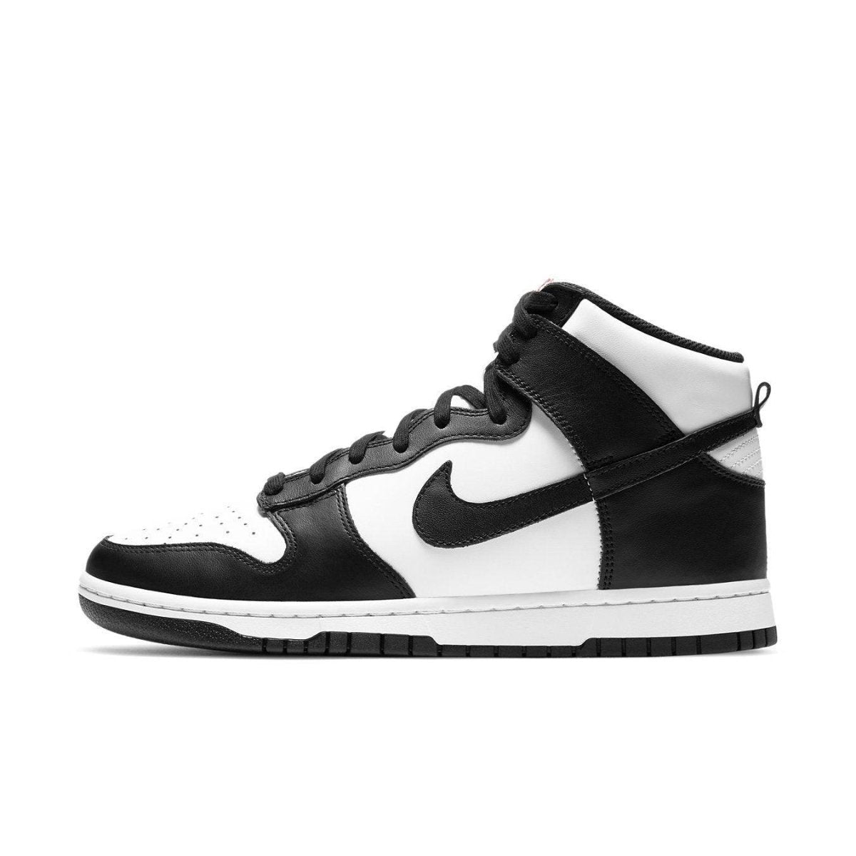 Nike Dunk High Panda (2021) in black and white with retro design and high top silhouette.