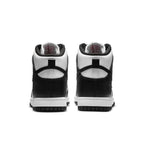 Nike Dunk High Panda 2021 women's sneakers in black and white, showcasing the back view with premium leather design.