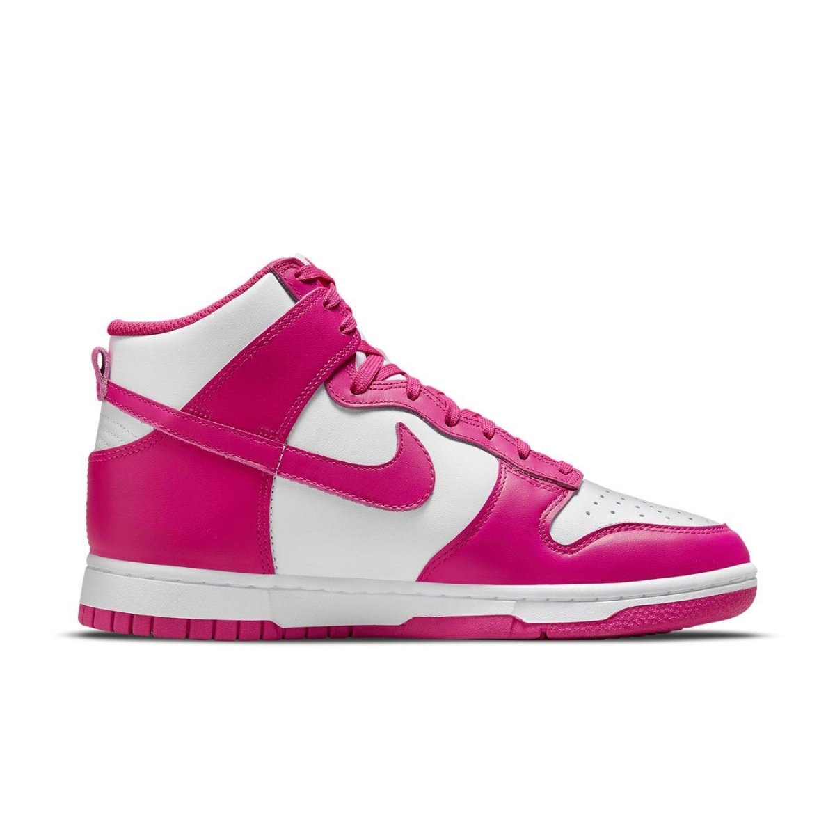 Nike Dunk High Pink Prime Women’s sneaker with white leather base and pink overlays, featuring Swoosh logo and gum sole.