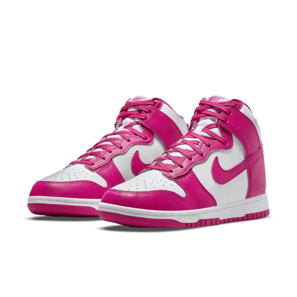 Nike Dunk High Pink Prime (W) with white leather base and vibrant pink overlays, featuring Swoosh logo and rubber outsole.