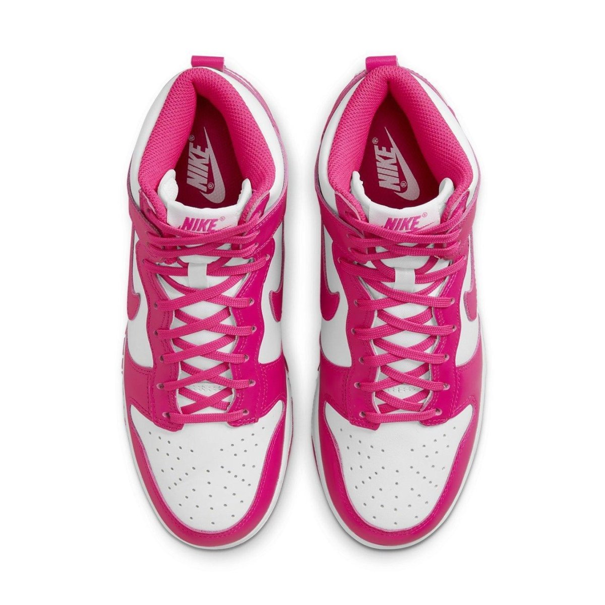 Nike Dunk High Pink Prime (W) featuring white leather base with pink overlays and Swoosh, perfect for stylish comfort.