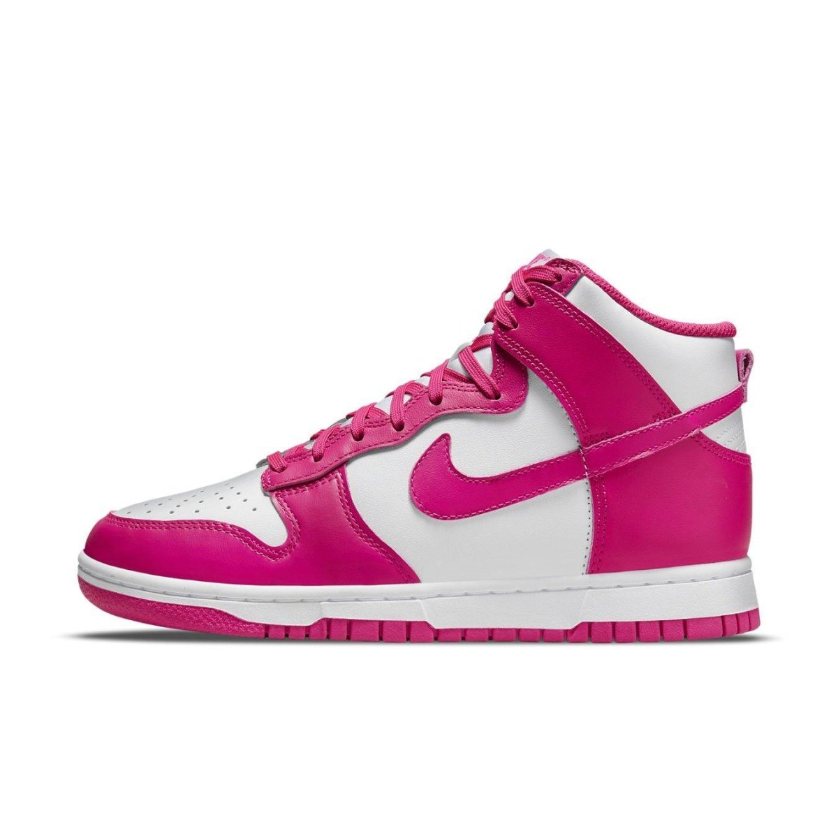 Nike Dunk High Pink Prime (W) featuring white leather base and vibrant pink overlays and laces.
