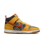 Nike Dunk High PRM Somos Familia in yellow and patterned design, inspired by Día de Muertos themes.