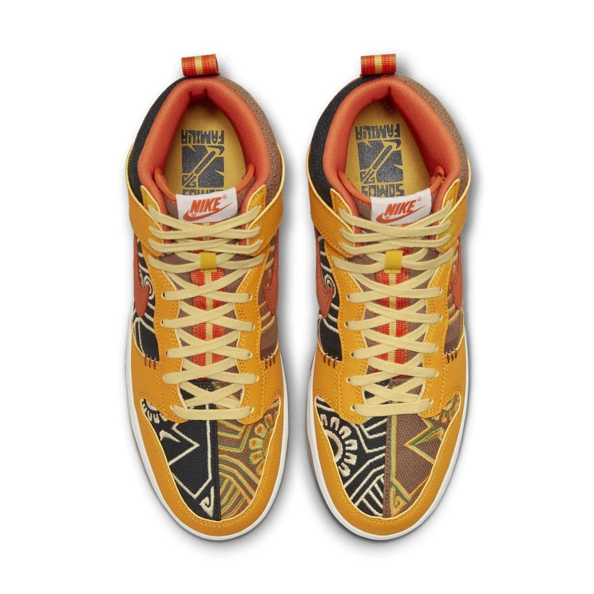 Nike Dunk High PRM Somos Familia, top view, featuring gold leather and graphic designs, celebrating Día de Muertos.