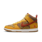 Nike Dunk High PRM Somos Familia sneakers featuring gold leather and vibrant graphic designs.