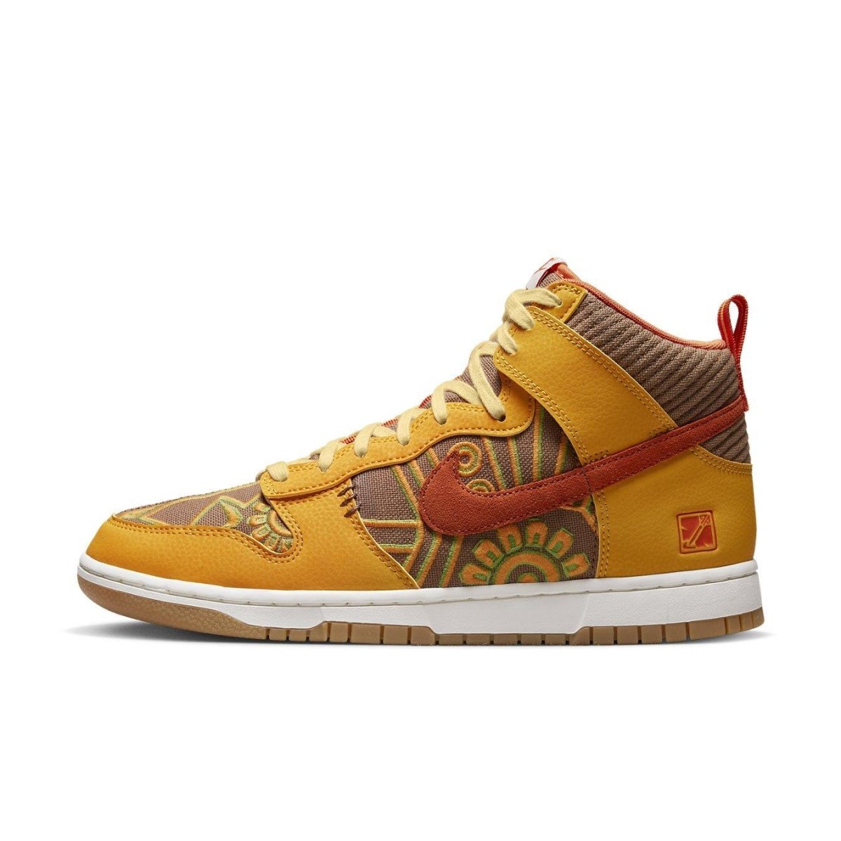 Nike Dunk High PRM Somos Familia sneakers featuring gold leather and vibrant graphic designs.