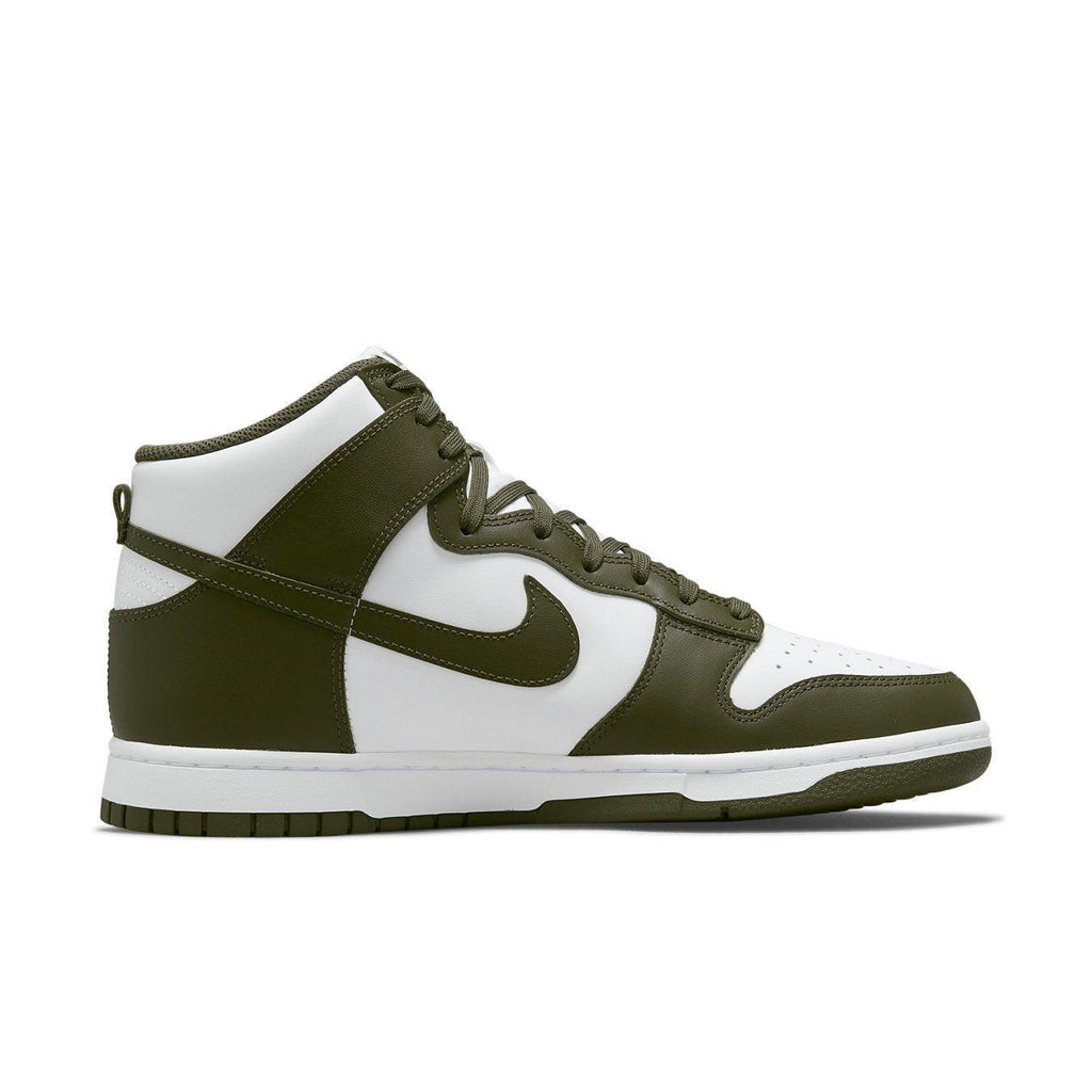 Nike Dunk High Retro Cargo Khaki 2021 in olive green and white, featuring leather upper and classic high-top silhouette.