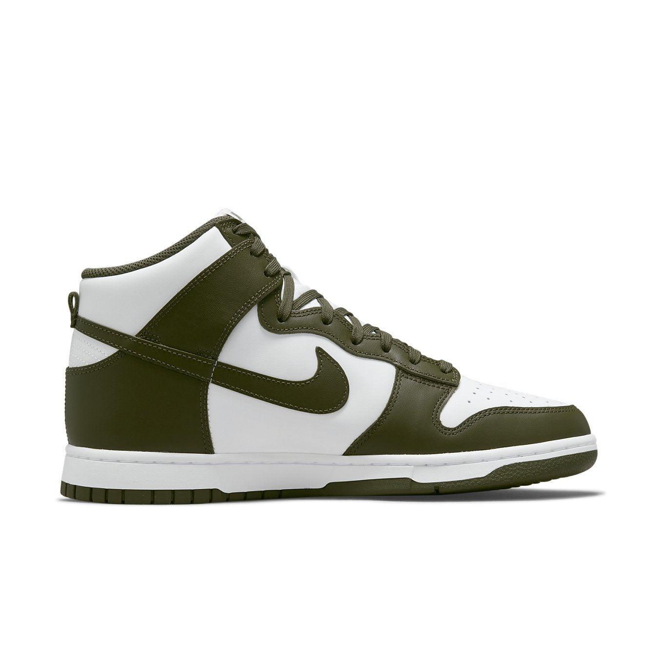 Nike Dunk High Retro Cargo Khaki 2021 in olive green and white, featuring leather upper and classic high-top silhouette.
