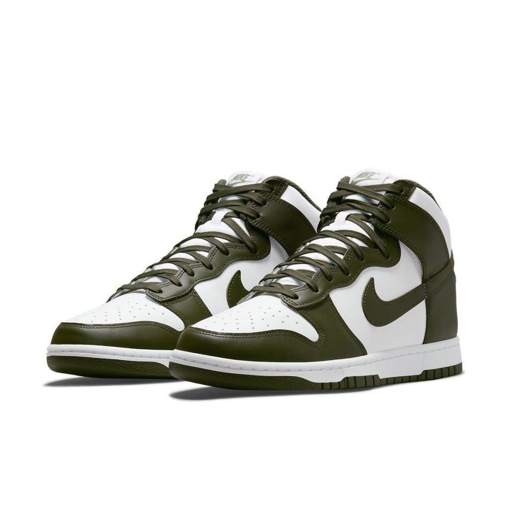 Nike Dunk High Retro Cargo Khaki 2021 high-tops in white and olive green with signature Swoosh design.