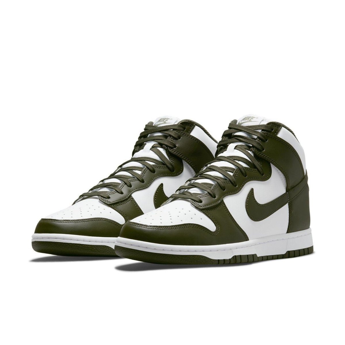 Nike Dunk High Retro Cargo Khaki 2021 high-tops in white and olive green with signature Swoosh design.