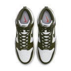 Nike Dunk High Retro Cargo Khaki 2021 featuring white and olive green leather upper and red Swoosh detail.