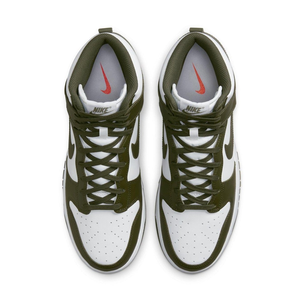 Nike Dunk High Retro Cargo Khaki 2021 featuring white and olive green leather upper and red Swoosh detail.