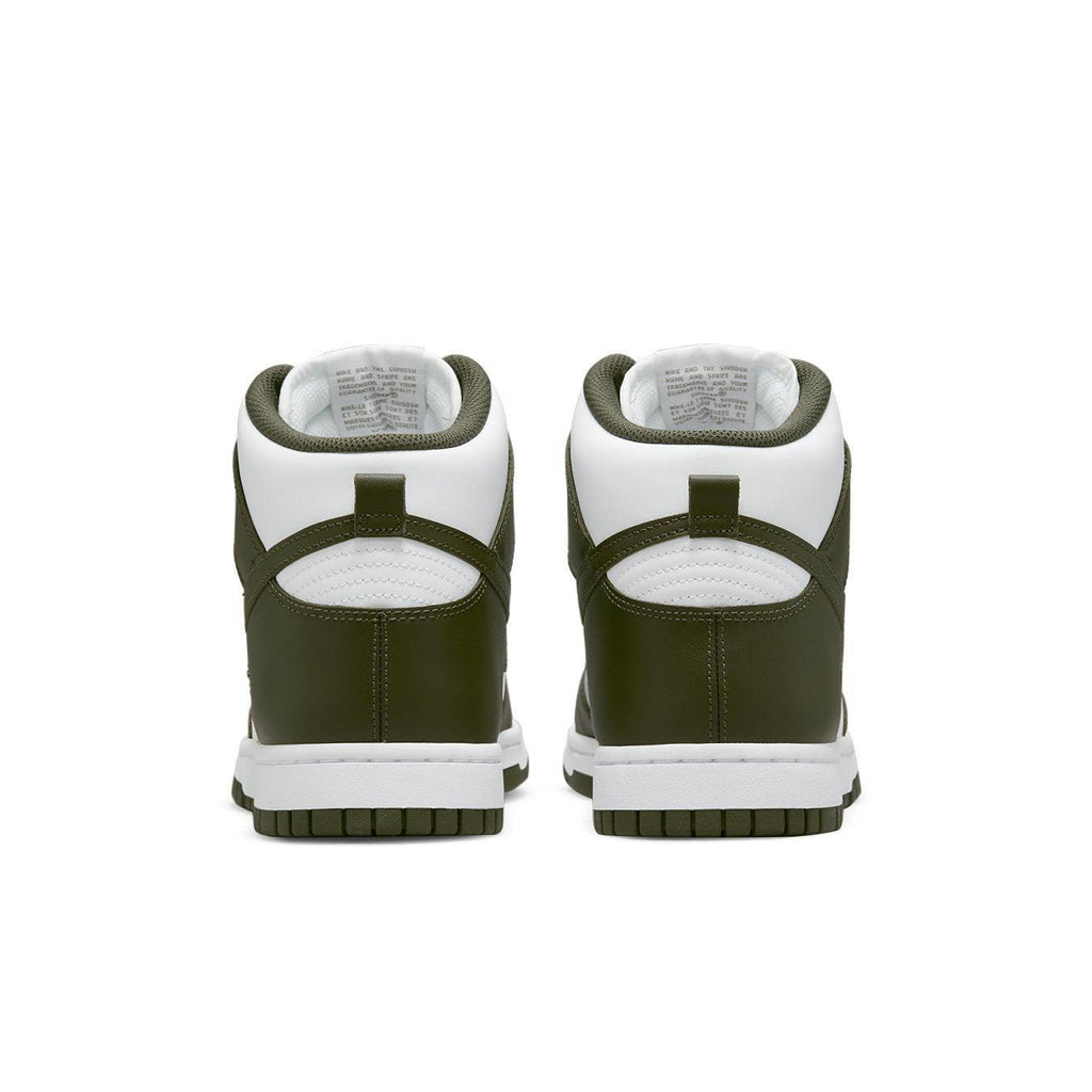 Nike Dunk High Retro Cargo Khaki 2021 rear view, featuring olive green and white high-top design.
