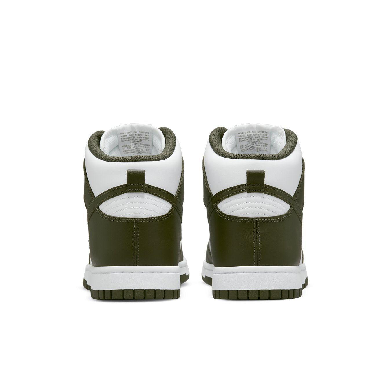 Nike Dunk High Retro Cargo Khaki 2021 rear view, featuring olive green and white high-top design.