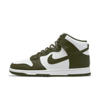 Nike Dunk High Retro Cargo Khaki 2021, high-top sneakers in white and olive green with classic design features.