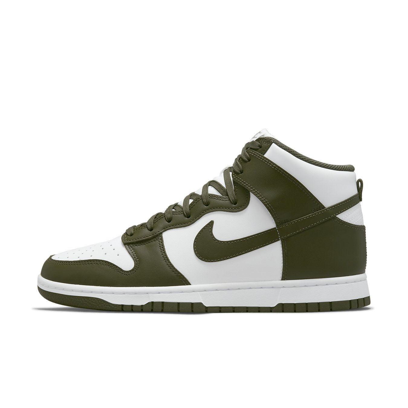 Nike Dunk High Retro Cargo Khaki 2021, high-top sneakers in white and olive green with classic design features.