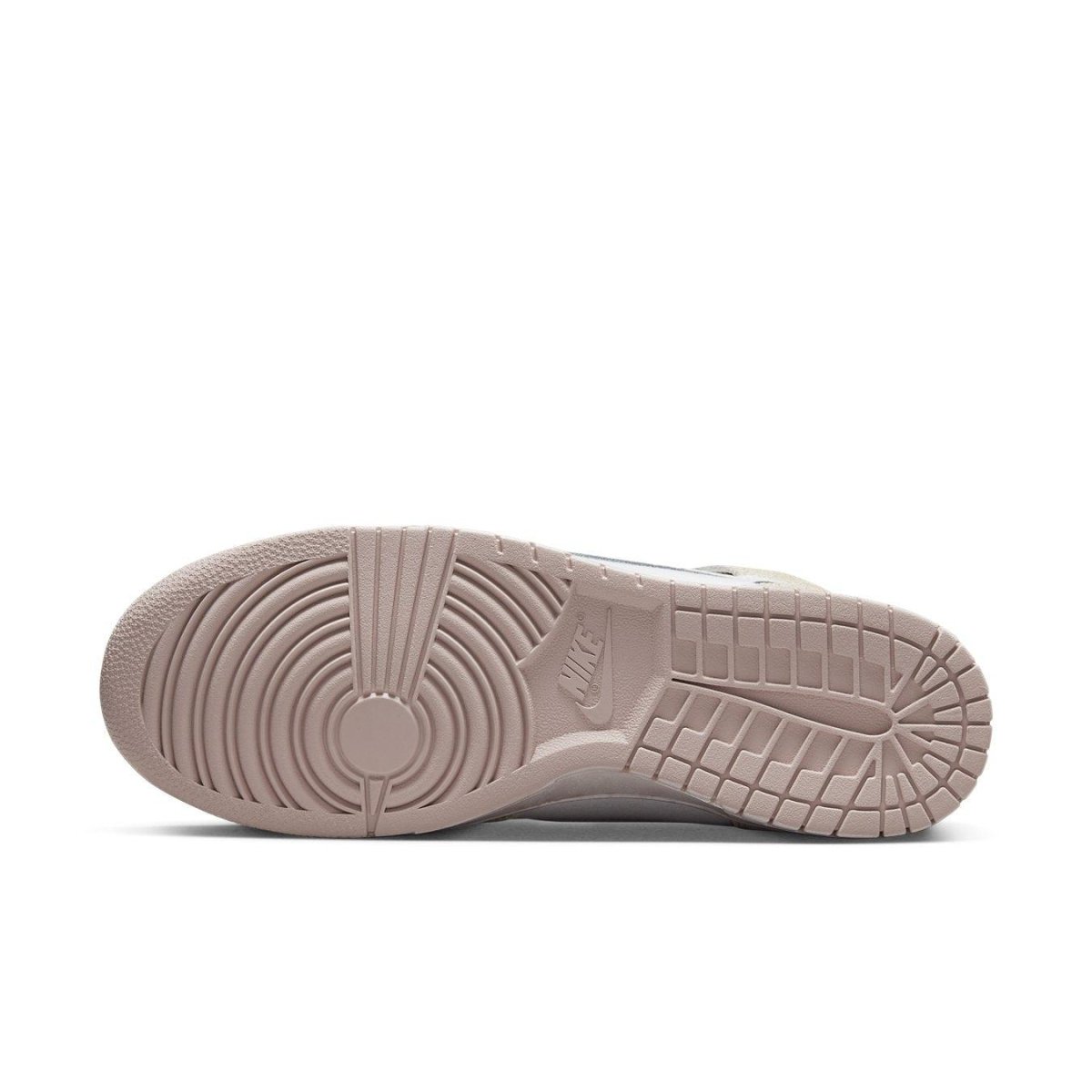 Nike Dunk High Retro PRM Cracked Leather Swoosh sneaker sole in light pink and white, featuring textured rubber detailing.