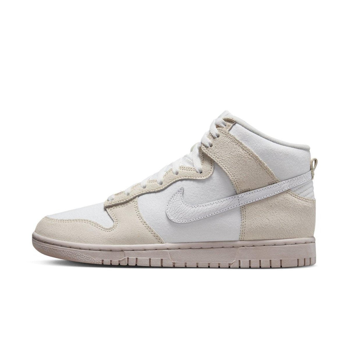Nike Dunk High Retro PRM with cracked leather swoosh in light pink and white, featuring a contrasting rubber sole.