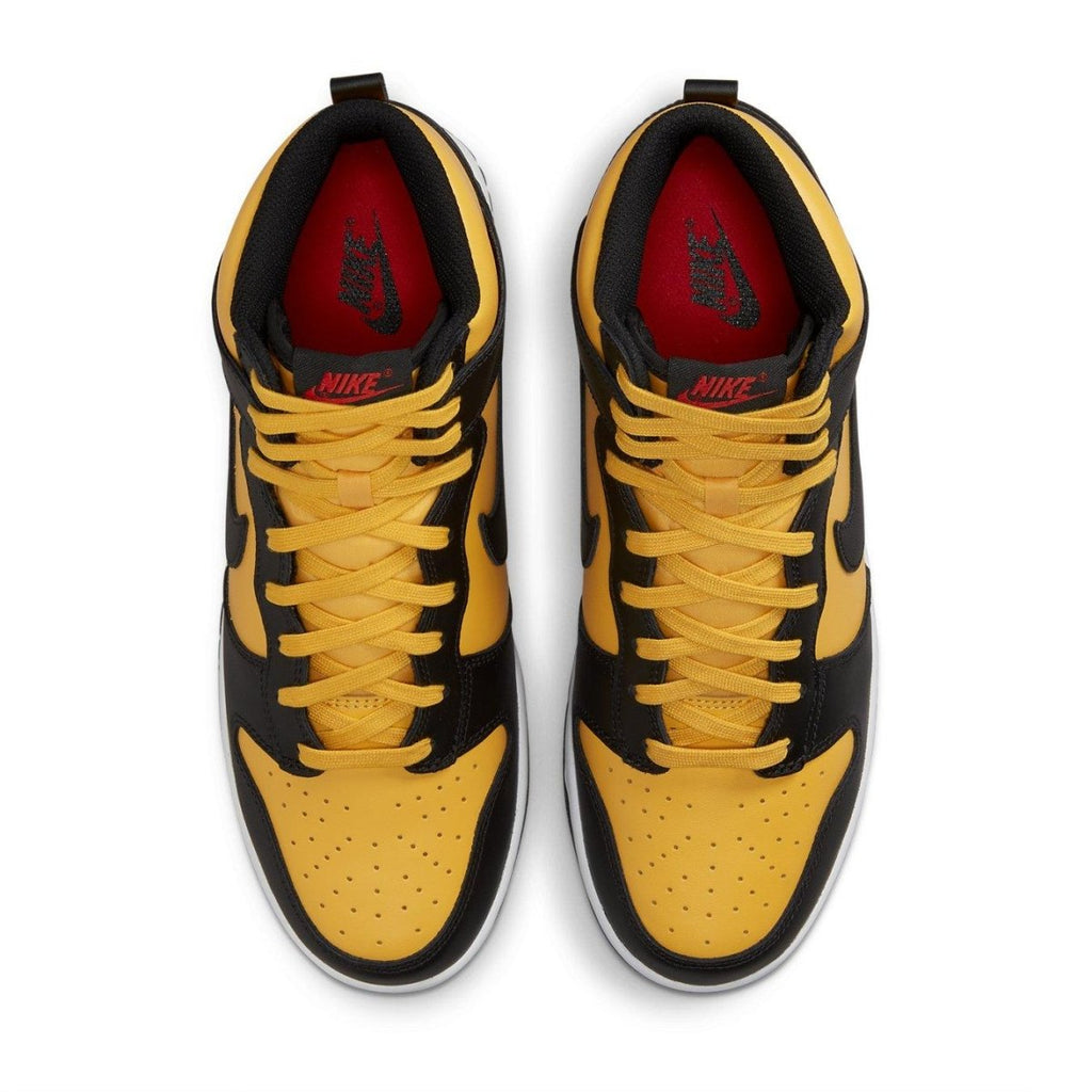 Nike Dunk High Retro Reverse Goldenrod sneaker with black and yellow leather upper, featuring red accents.