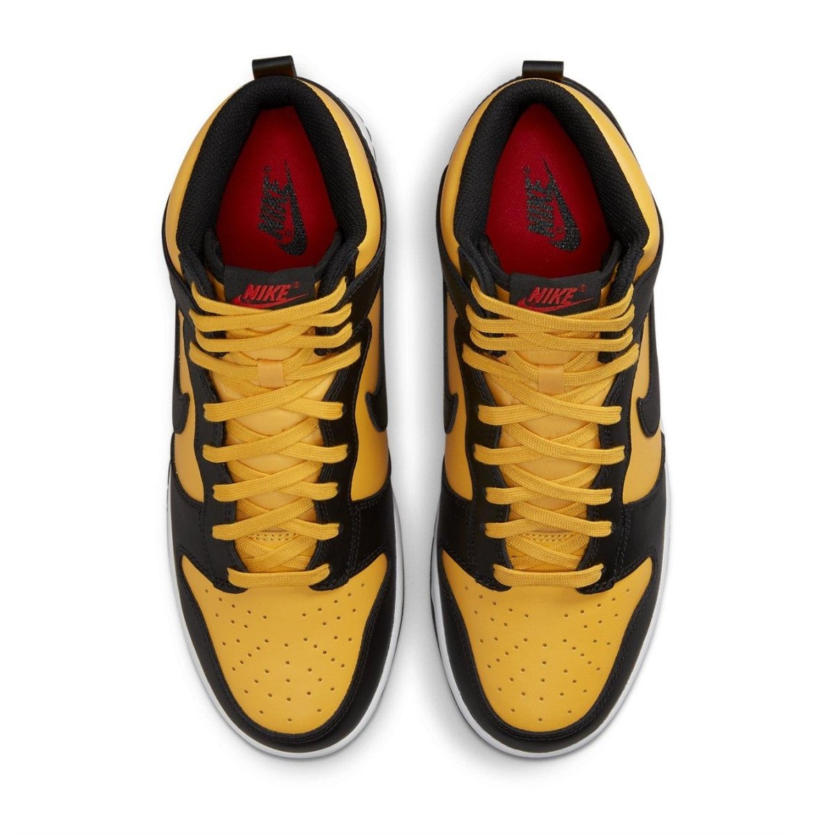 Nike Dunk High Retro Reverse Goldenrod sneaker with black and yellow leather upper, featuring red accents.