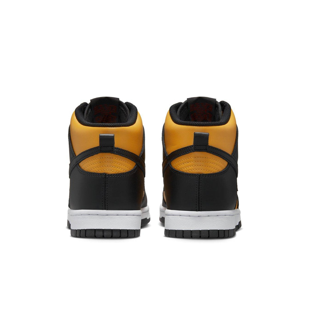 Nike Dunk High Retro Reverse Goldenrod rear view showcasing black and yellow leather design.