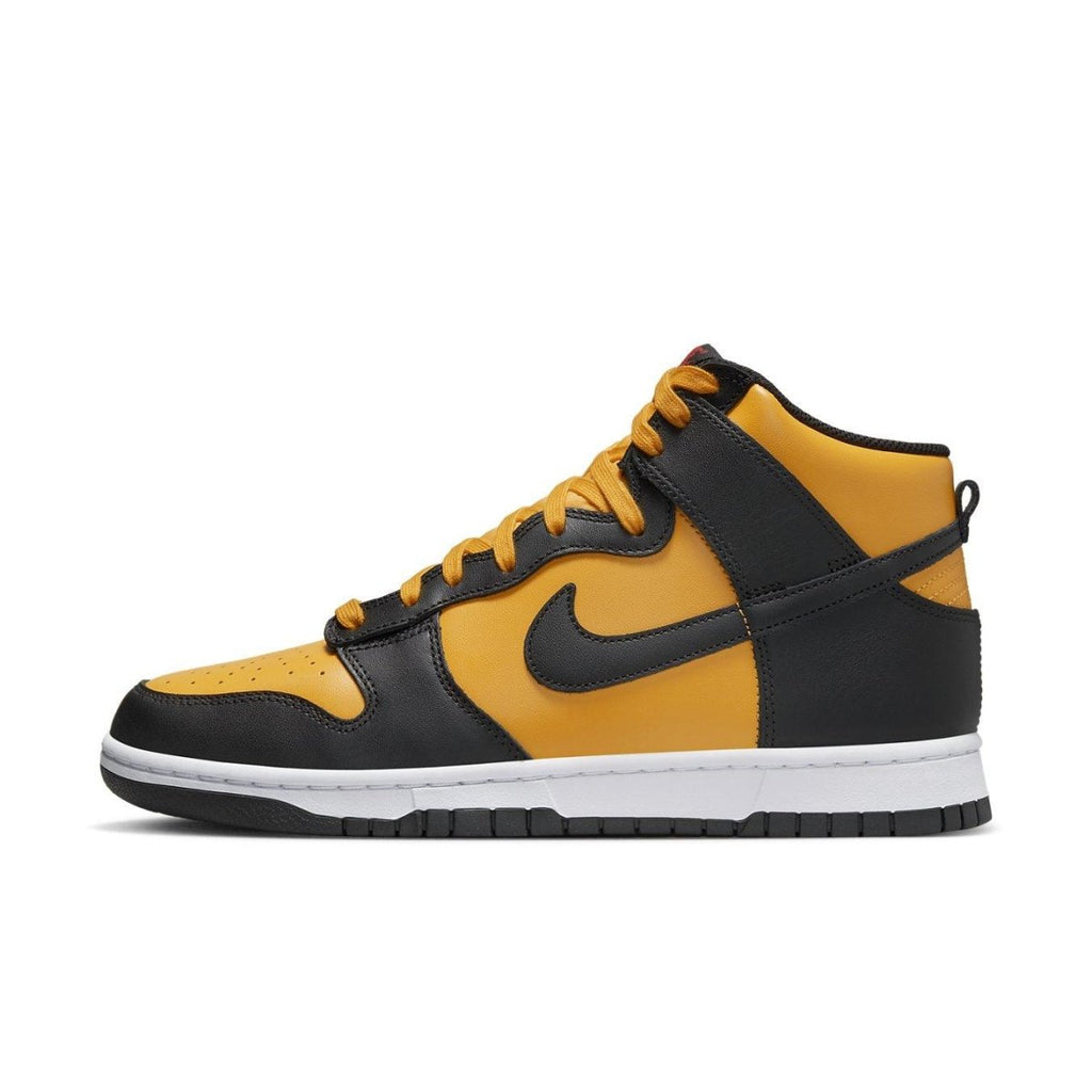Nike Dunk High Retro Reverse Goldenrod in black and dark yellow with white sole, showcasing a stylish design.