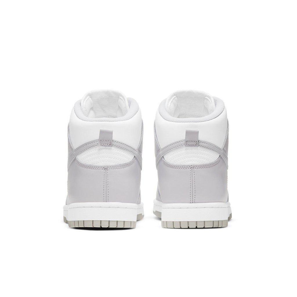 Nike Dunk High Retro White Vast Grey (2021) sneaker backs with grey and white design.