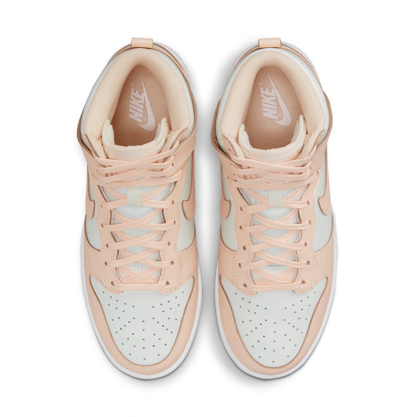 Nike Dunk High Sail Crimson Tint women sneakers in soft peach and cream colorway from top view.