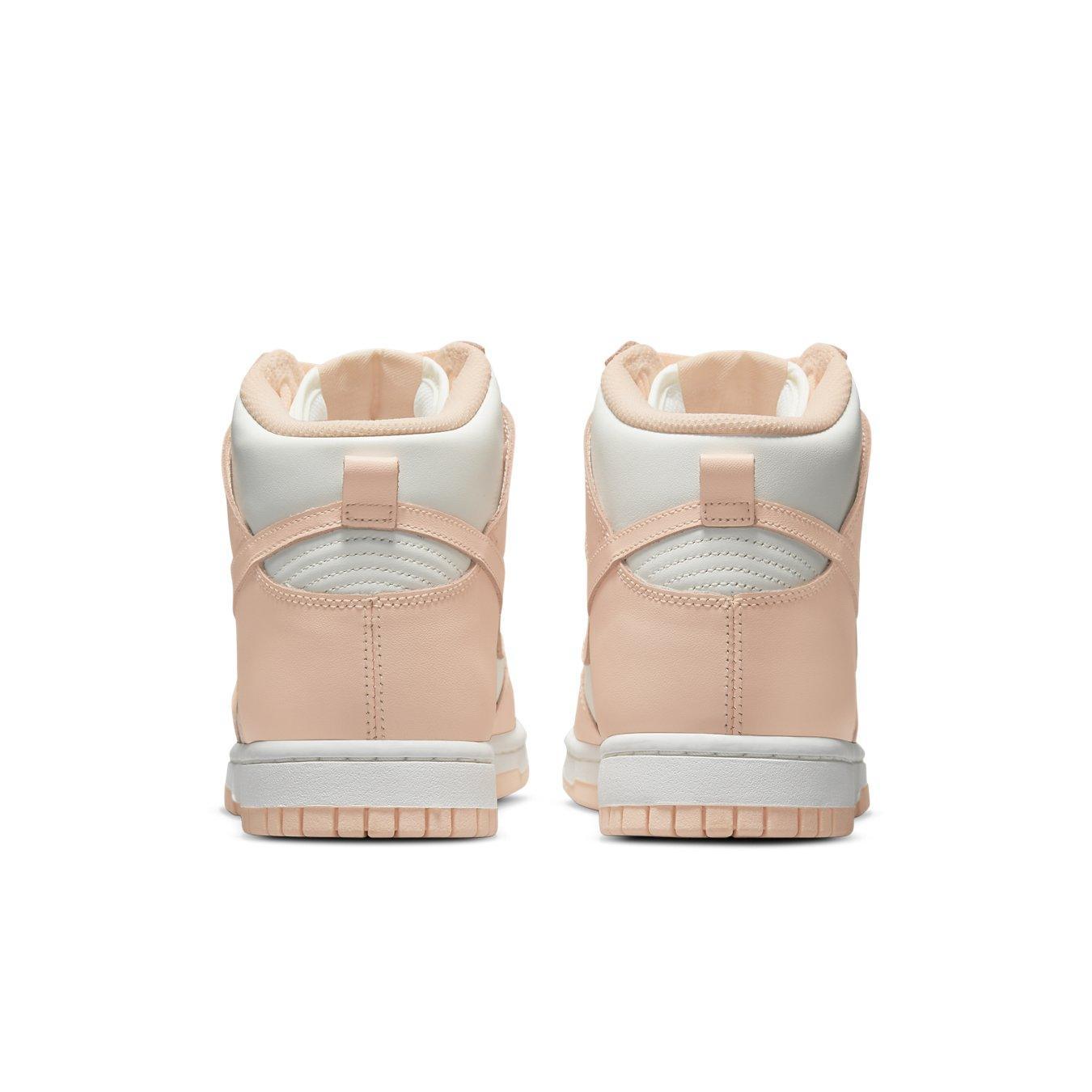 Nike Dunk High Sail Crimson Tint women's sneakers, showcasing the stylish back view with blush and white color combination.