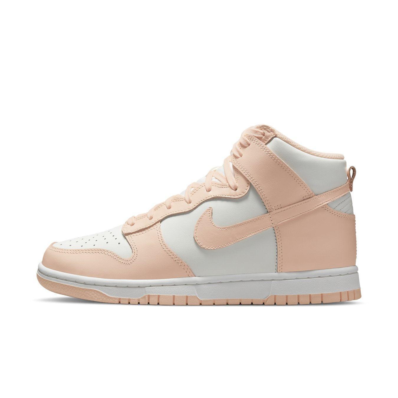 Nike Dunk High Sail Crimson Tint women's sneakers in pastel pink and white colorway.