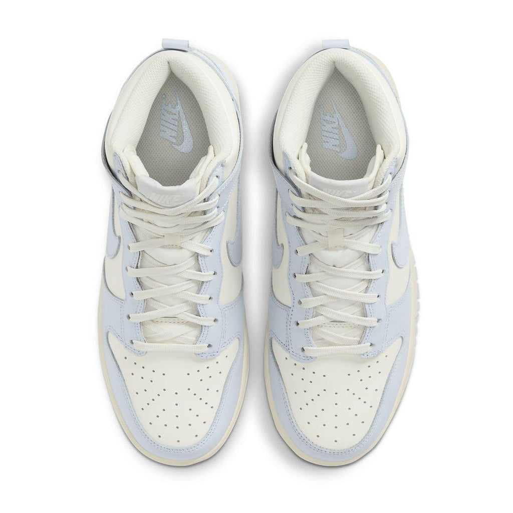 Nike Dunk High Sail Football Grey (W) sneakers in cream and light blue colorway, featuring Swoosh logos and perforated design.