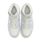 Nike Dunk High Sail Football Grey (W) sneakers in cream and light blue colorway, featuring Swoosh logos and perforated design.