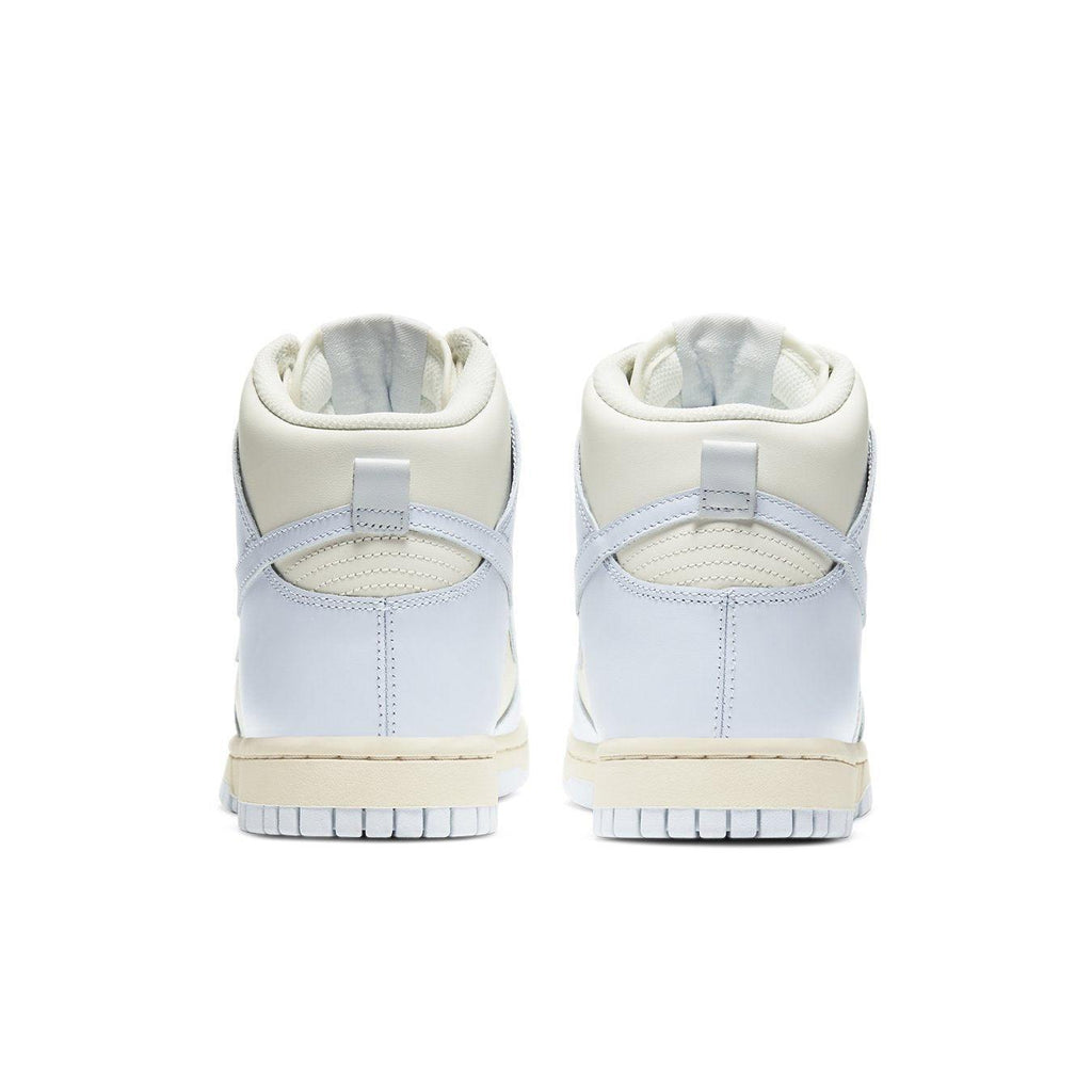 Nike Dunk High Sail Football Grey (W) rear view with cream outsole and light blue panels.