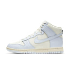 Nike Dunk High Sail Football Grey (W) sneaker in creamy and light blue shades with signature Swoosh design.