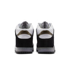 Nike Dunk High Slam Jam White Black sneakers viewed from the back, featuring bold black and white design with gray accents.