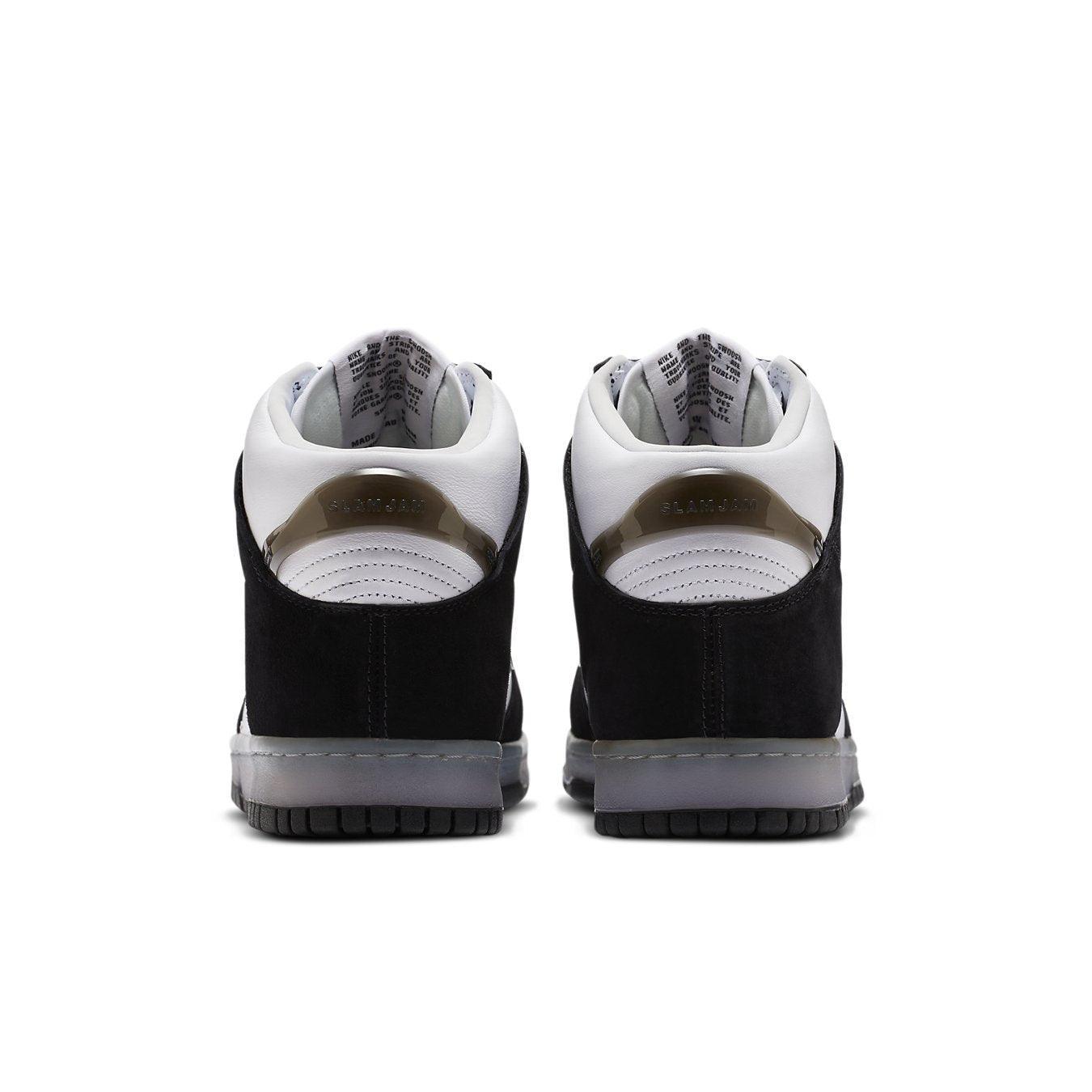 Nike Dunk High Slam Jam White Black sneakers viewed from the back, featuring bold black and white design with gray accents.