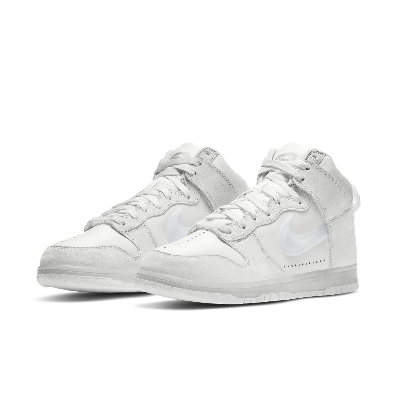 Nike Dunk High Slam Jam in white and pure platinum, featuring sleek design and premium materials.