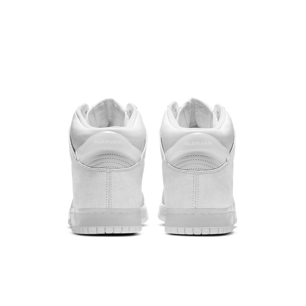 Back view of Nike Dunk High Slam Jam in White Pure Platinum, showcasing sleek design and premium materials.