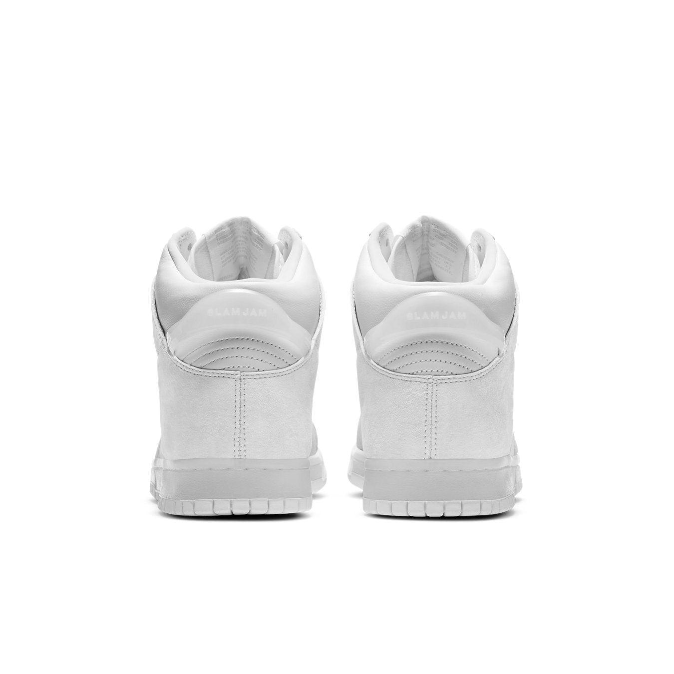Back view of Nike Dunk High Slam Jam in White Pure Platinum, showcasing sleek design and premium materials.