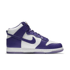 Nike Dunk High SP Varsity Purple sneakers featuring white and purple leather design with satin laces.