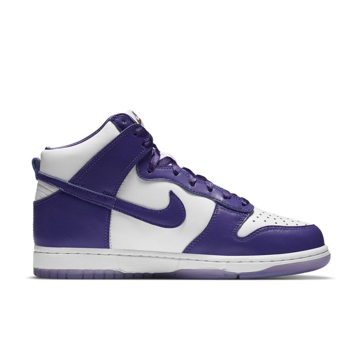 Nike Dunk High SP Varsity Purple sneakers featuring white and purple leather design with satin laces.