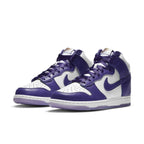 Nike Dunk High SP Varsity Purple women's sneakers with white base and purple overlays.